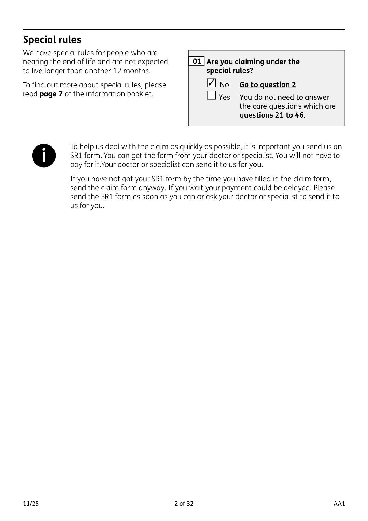 Completed example of Form AA1, Claim for Attendance Allowance
