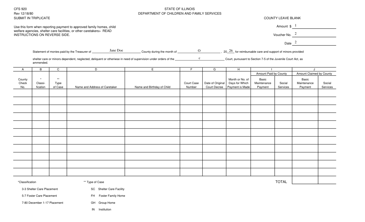 Completed Form AD 838 showing categorized child care payment records for county reimbursement