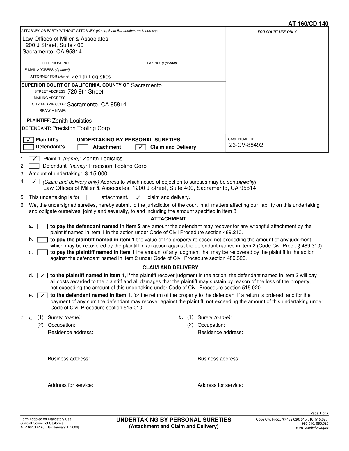 Filled Form AT-160 / CD-140 showing personal surety details for a claim and delivery case