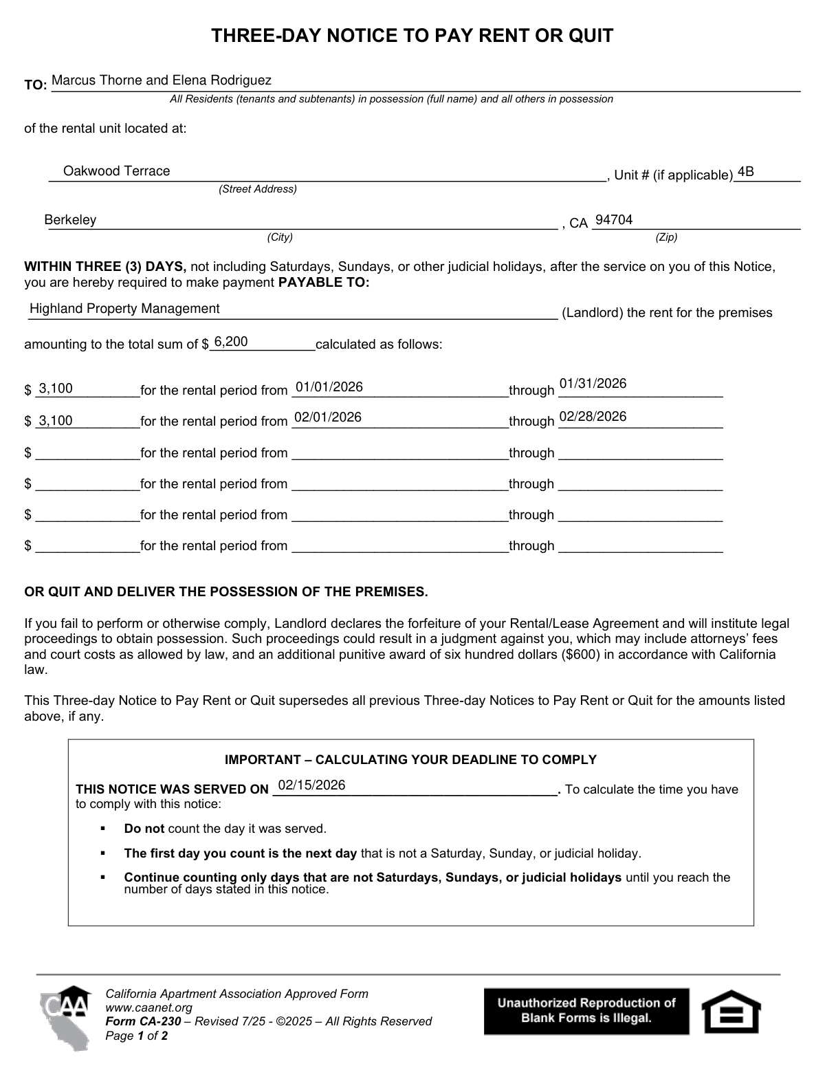 Filled example of California Form CA-230 for rent delinquency