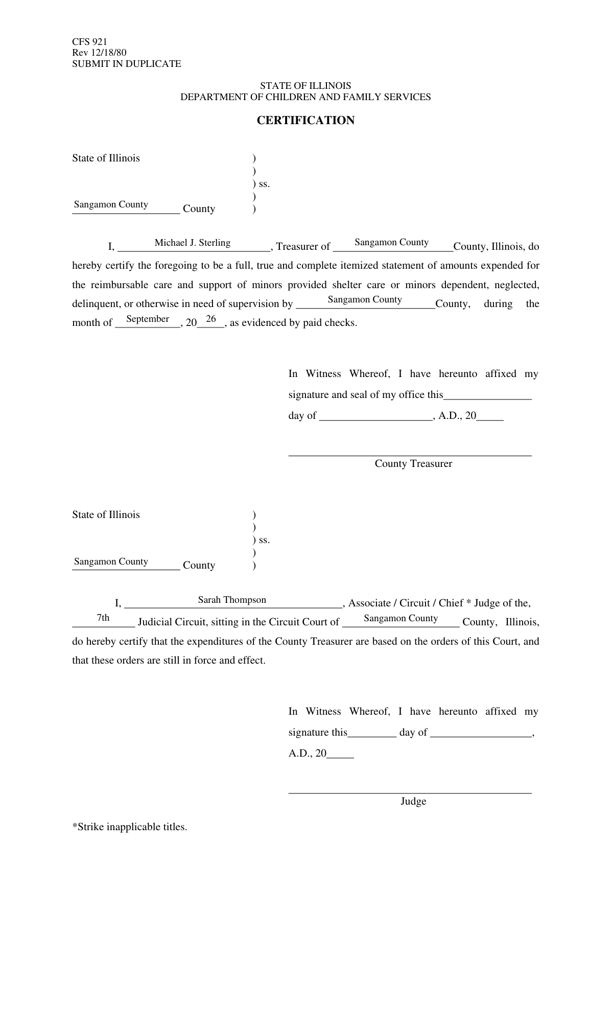 Filled Form CFS 601-2 for County Treasurer and Judicial Certification