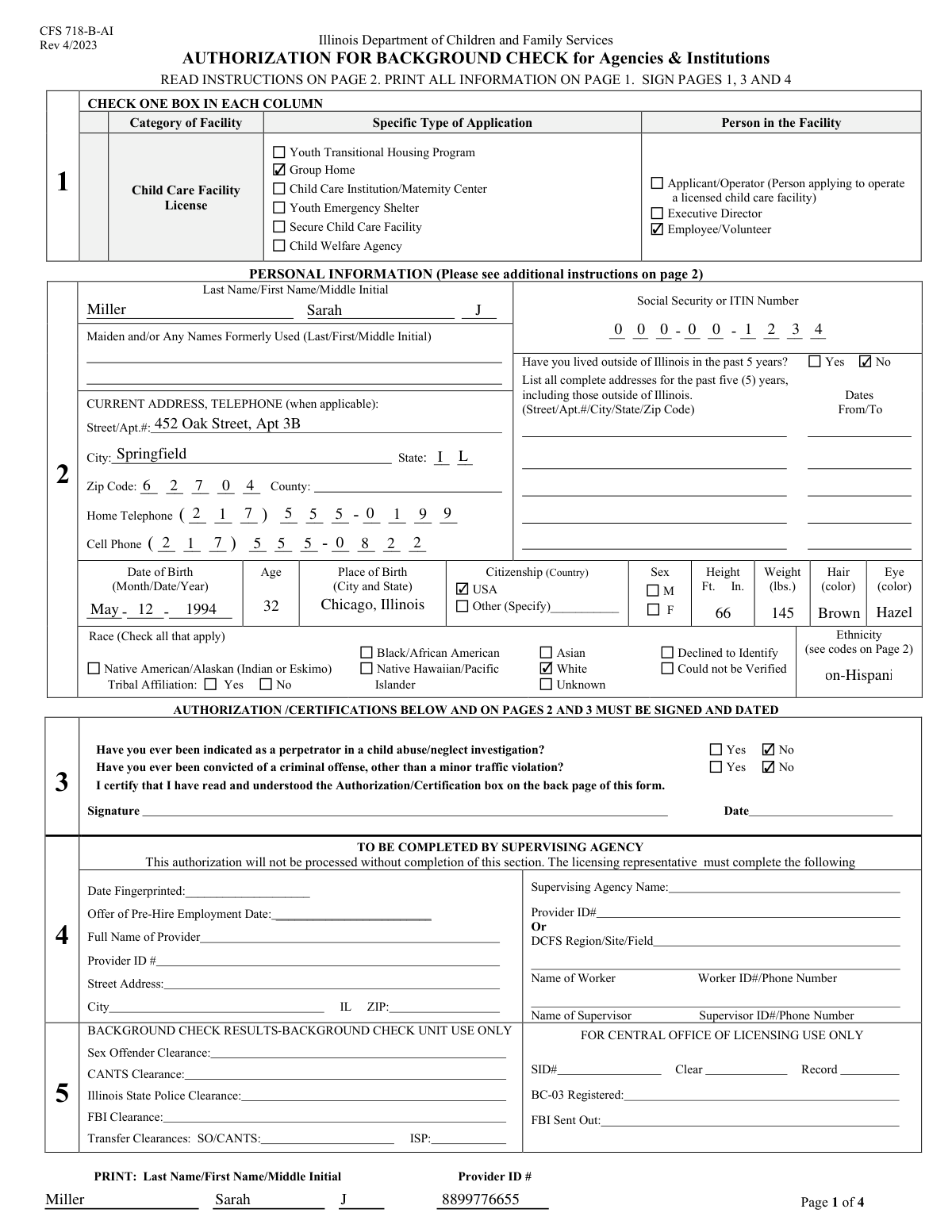 A completed Form CFS 718 document for a prospective Group Home employee.