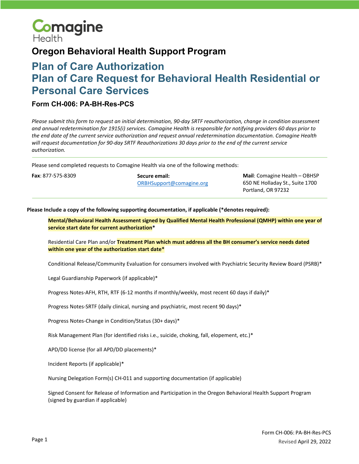 A completed sample of Form CH-006 for an adult residential behavioral health treatment request in Oregon.