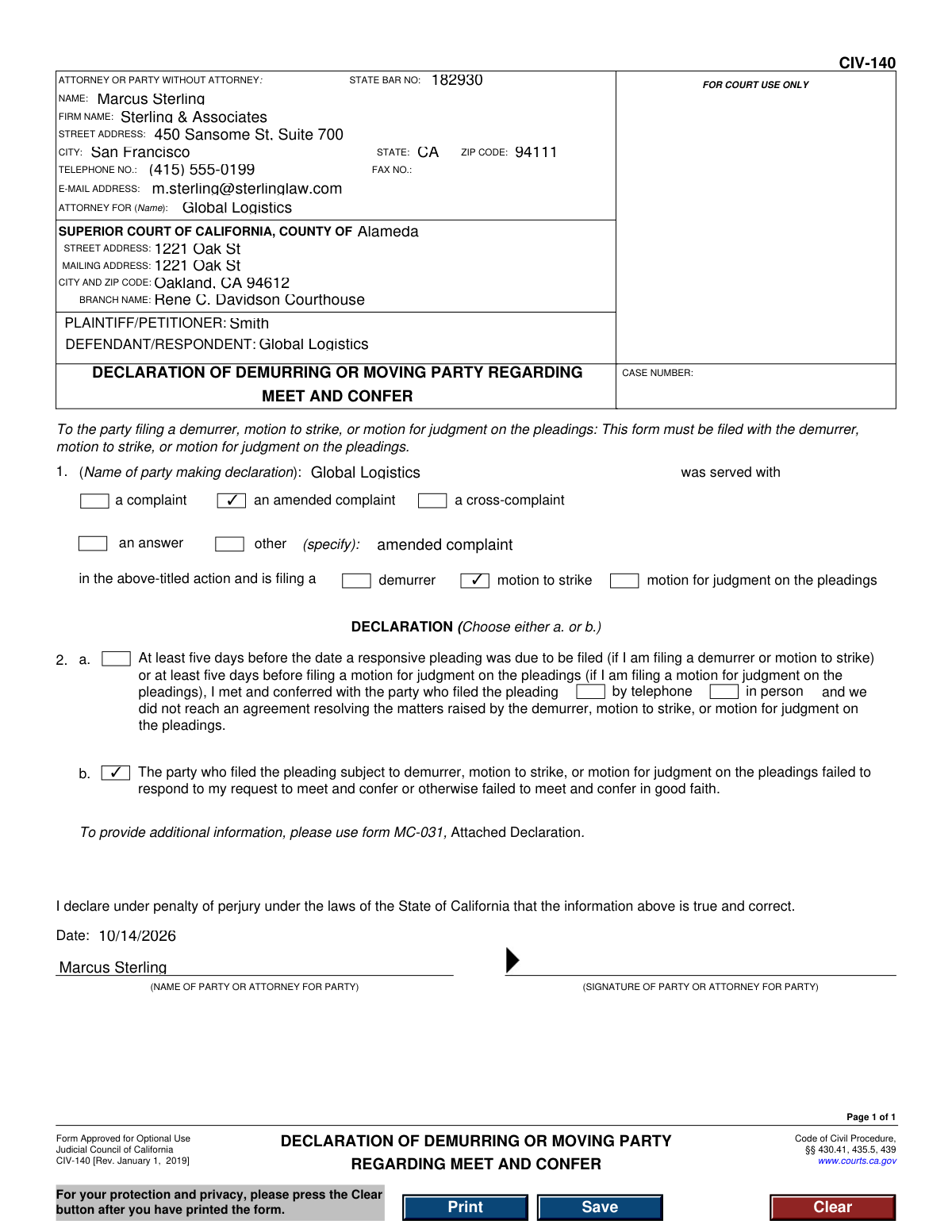 Example of a completed Form CIV-140 for a civil litigation case