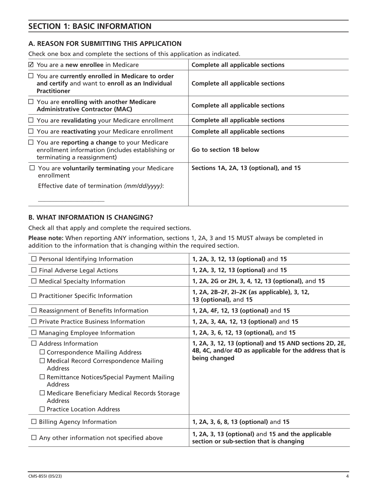 Completed Form CMS-855I for a new physician applying for initial Medicare enrollment
