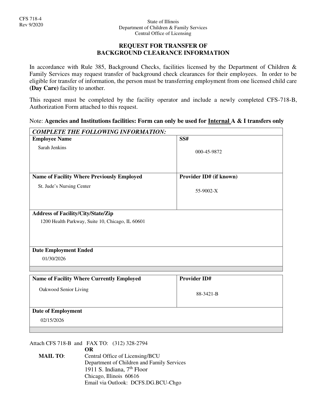 A completed CMS-L564 form showing extracted employment data from an HR email