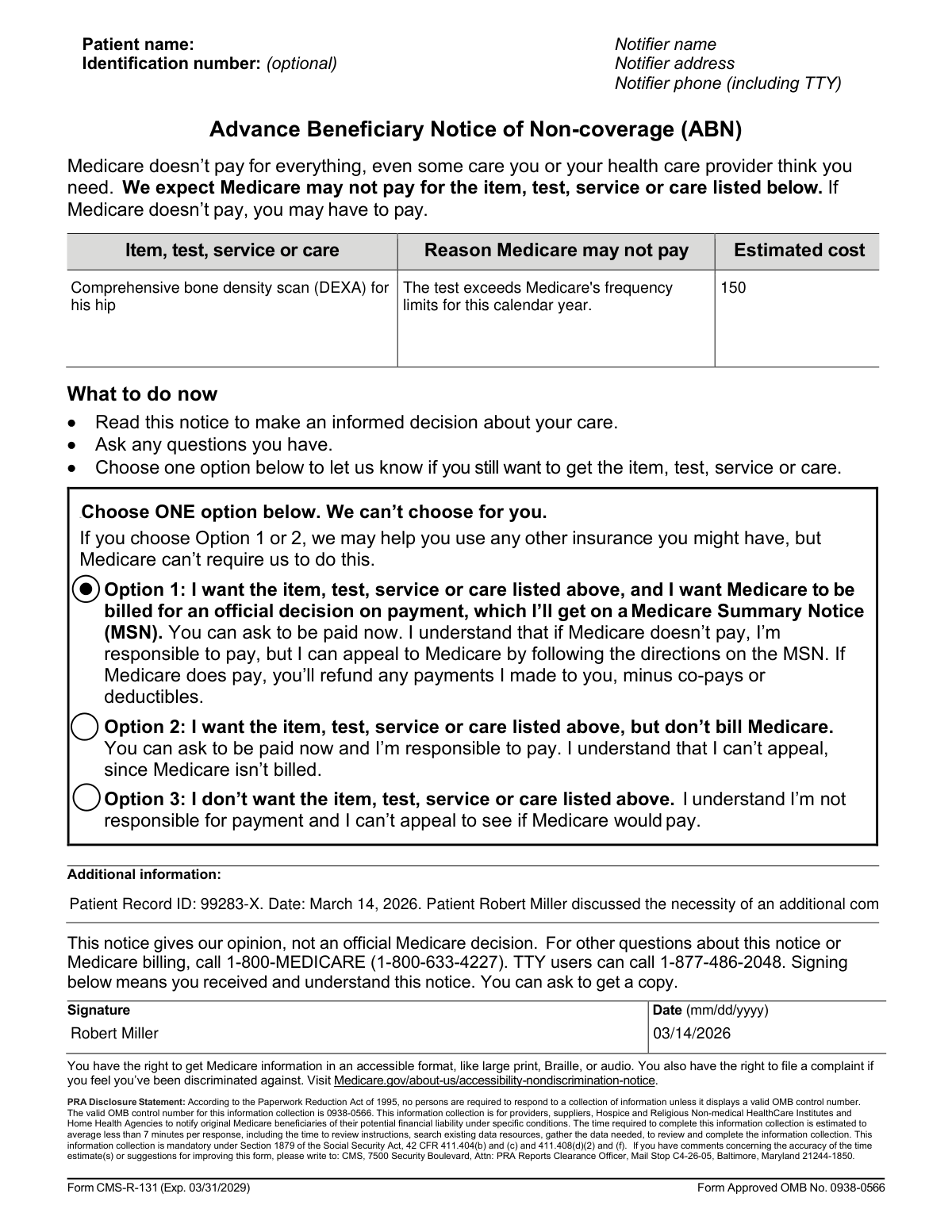 A screenshot of a completed Form CMS-R-131 Advance Beneficiary Notice of Noncoverage based on clinical notes.
