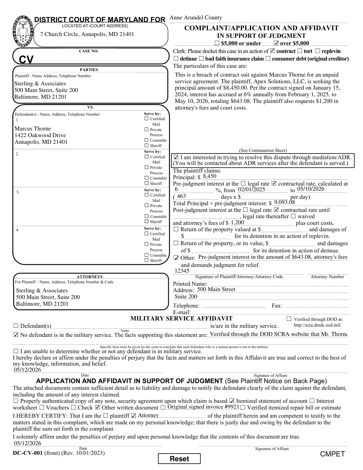 Completed Form DC-CV-001 for a breach of contract debt claim