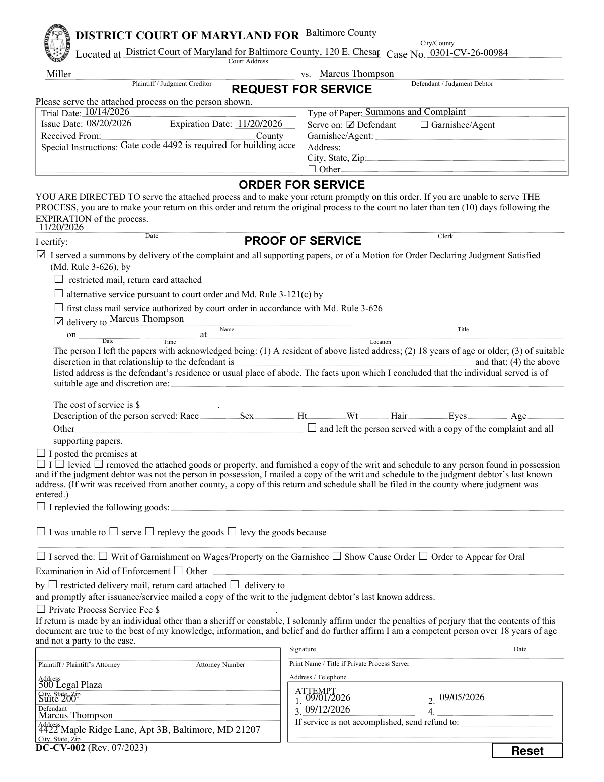 Completed Form DC-CV-002, Request for Service for a Maryland civil case.