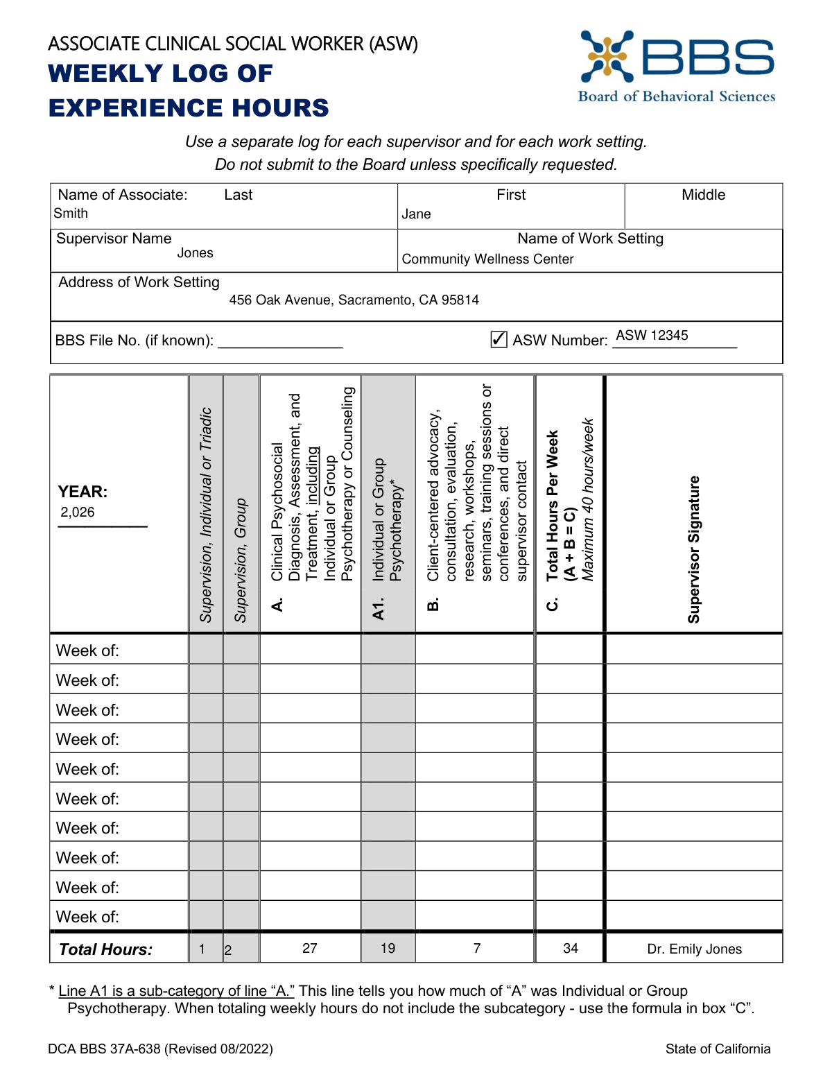 Completed example of Form DCA BBS 37A-638 for an Associate Clinical Social Worker's weekly log of experience hours.