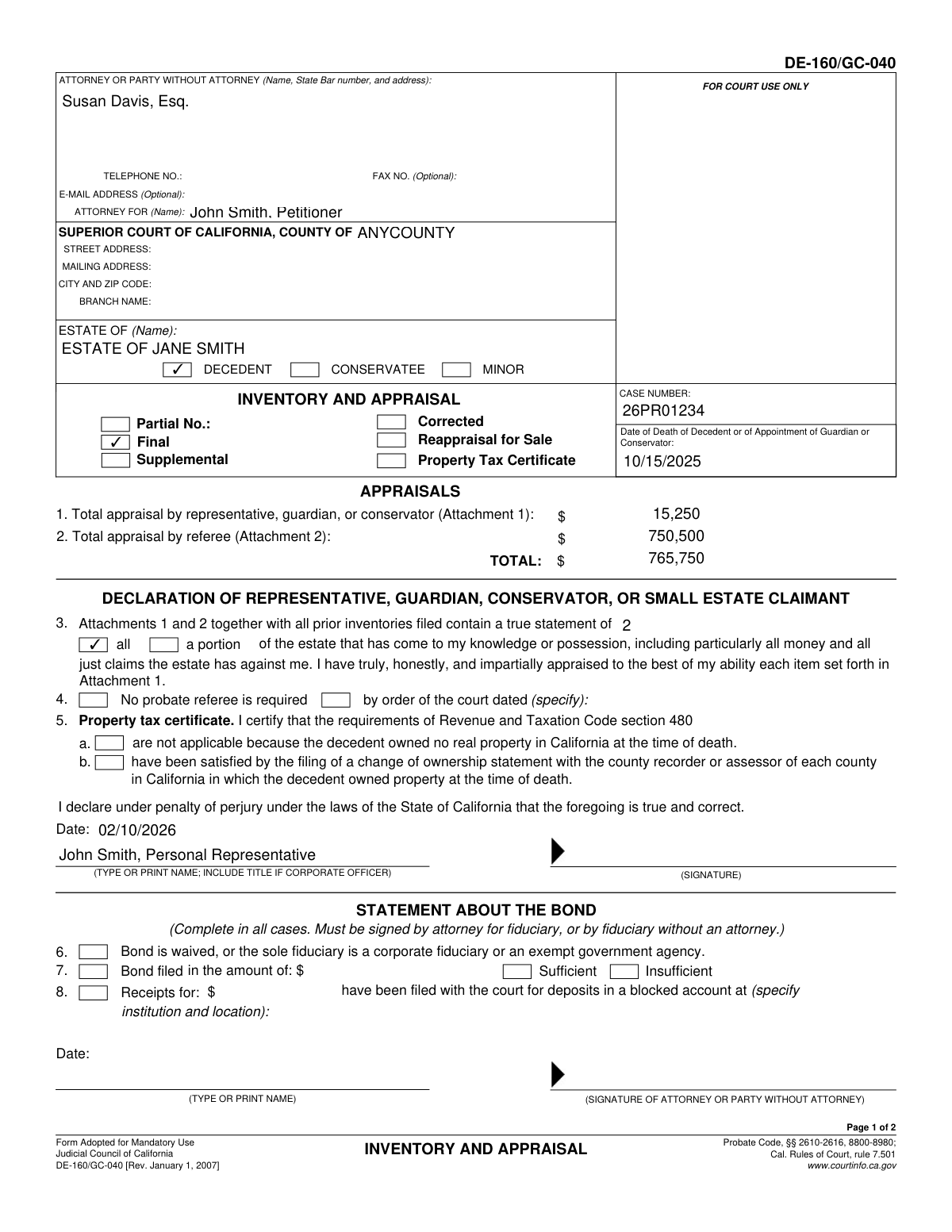 A completed example of Form DE-160/GC-040 for a decedent's estate, showing the inventory and appraisal declarations.