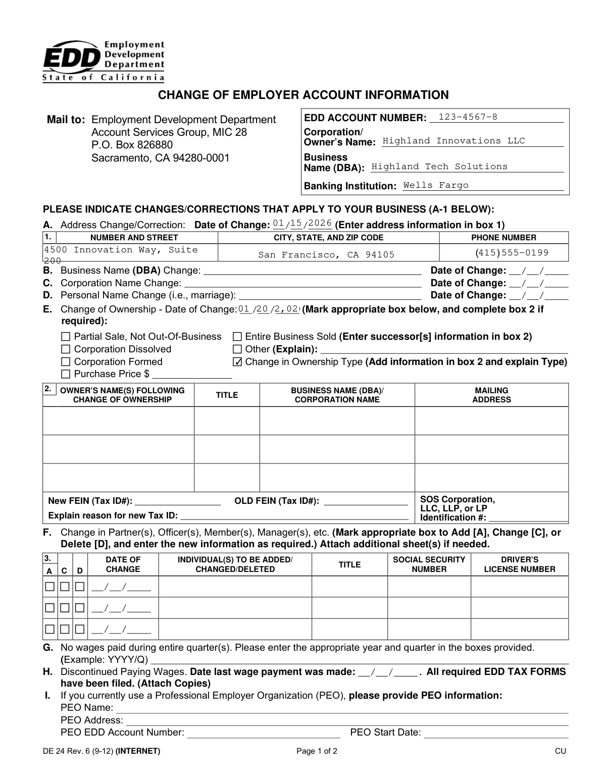 Filled DE 24 Change of Employer Account Information form example