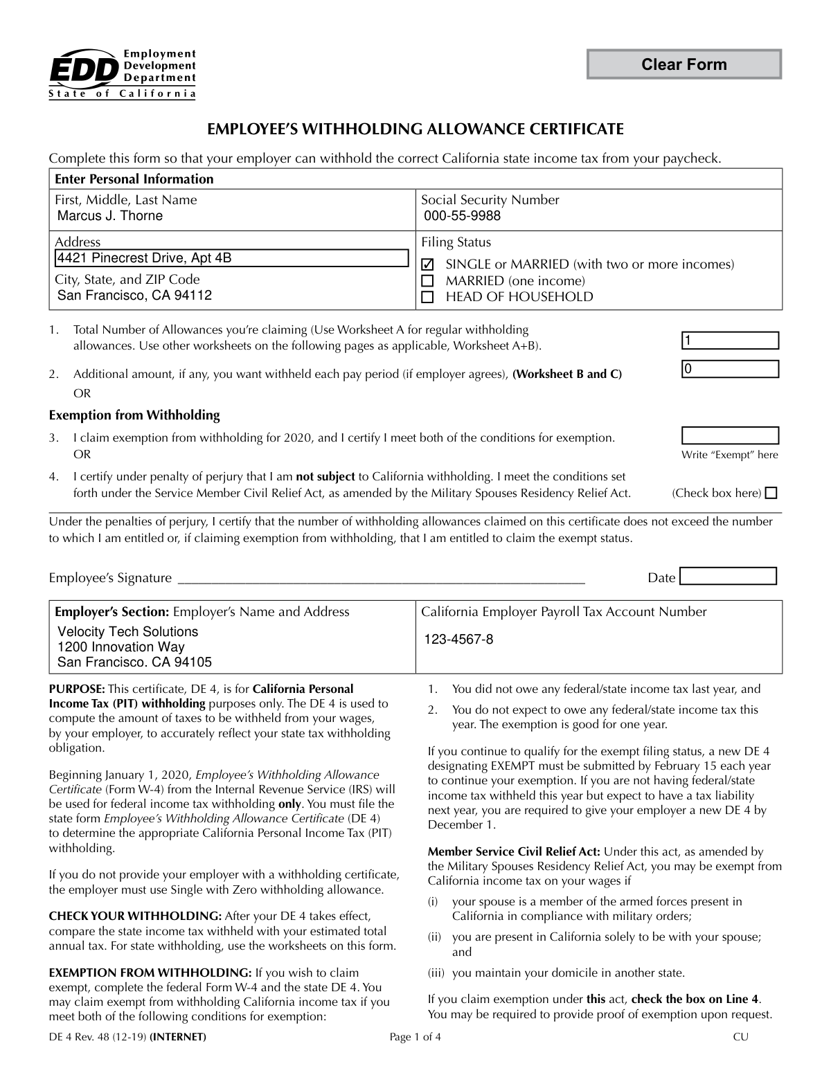 Completed California Form DE 4 for employee Marcus J. Thorne