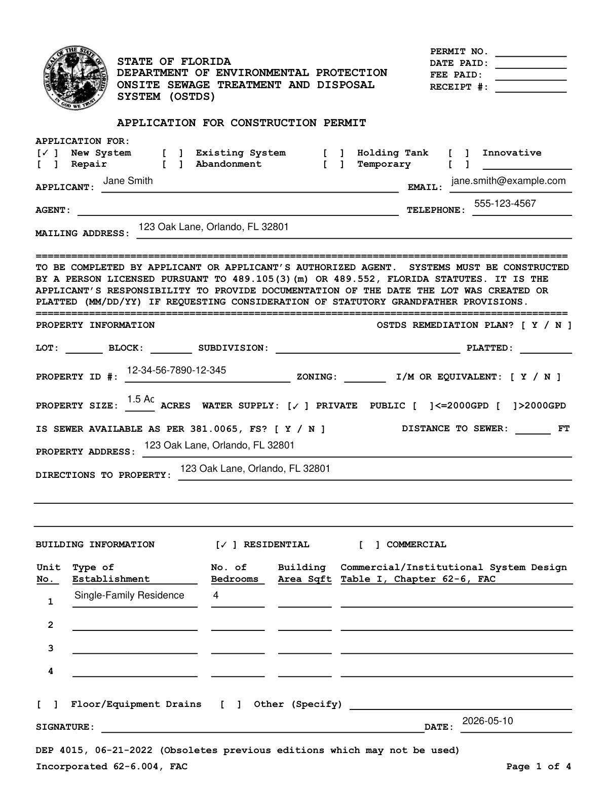 Completed Form DEP 4015, Application for Construction Permit for an Onsite Sewage Treatment and Disposal System (OSTDS) for a new home.