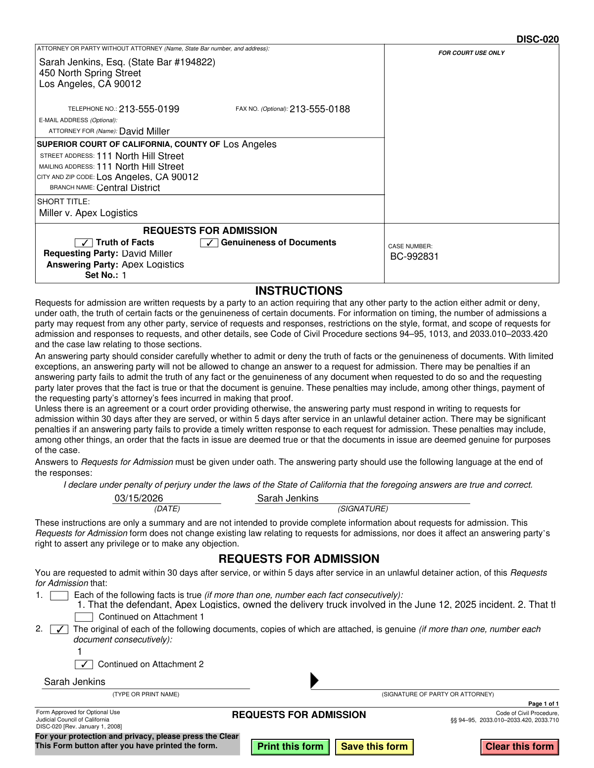 Filled example of California Judicial Council Form DISC-020