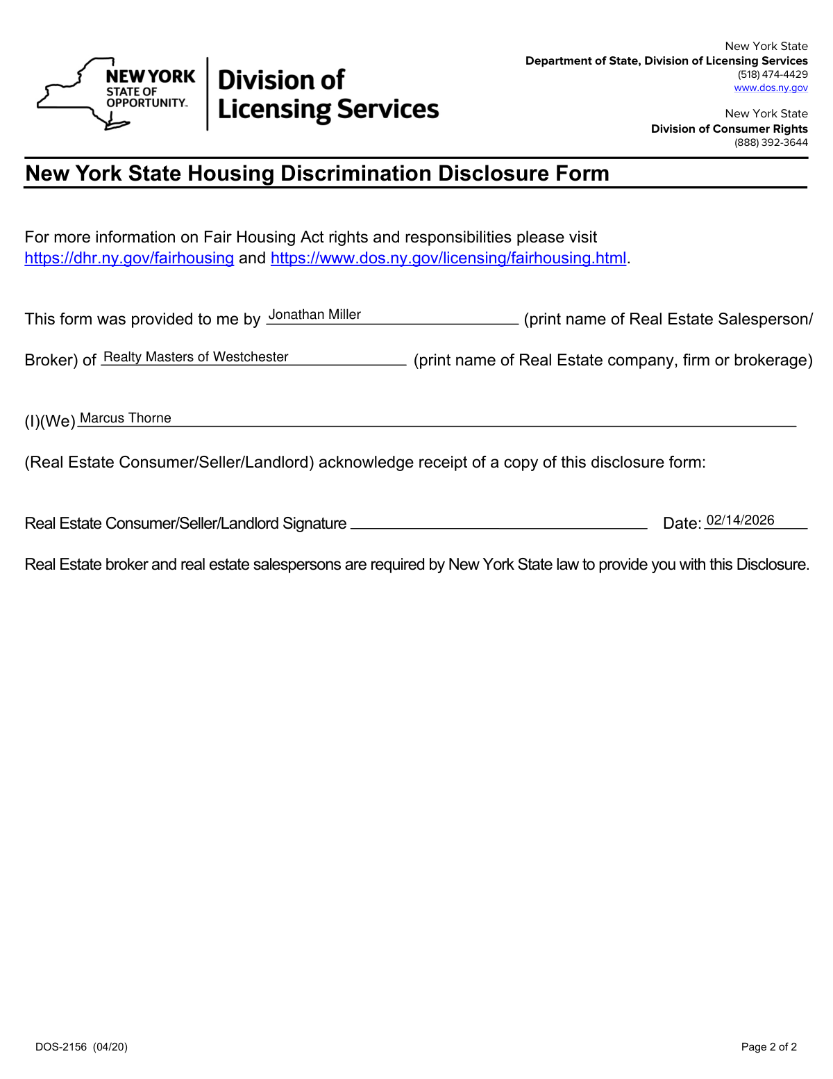 Completed New York State Housing Discrimination Disclosure Form DOS-2156 example