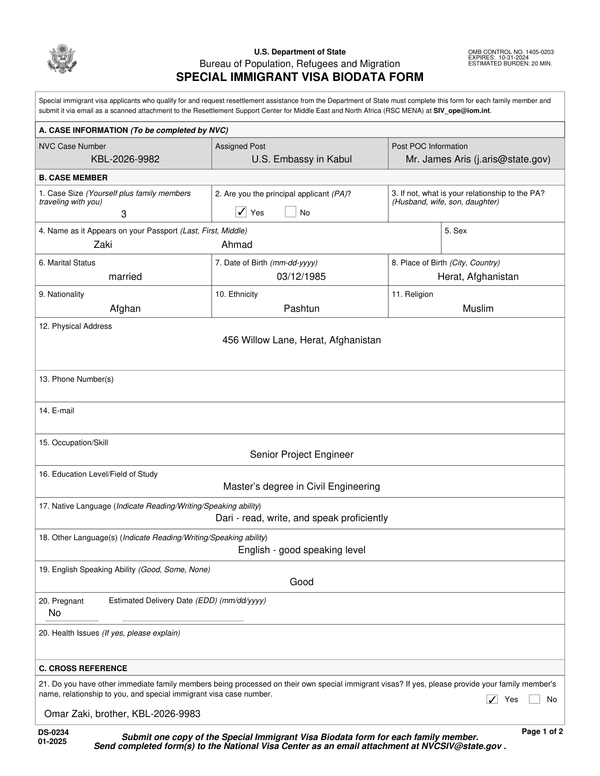 Completed Form DS-234 Special Immigrant Visa Biodata document displayed on a monitor.