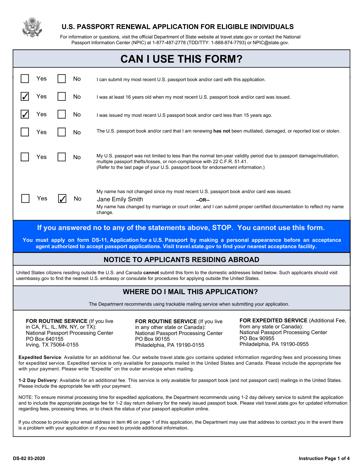Completed Form DS-82 sample for a U.S. passport renewal application with a legal name change due to marriage.