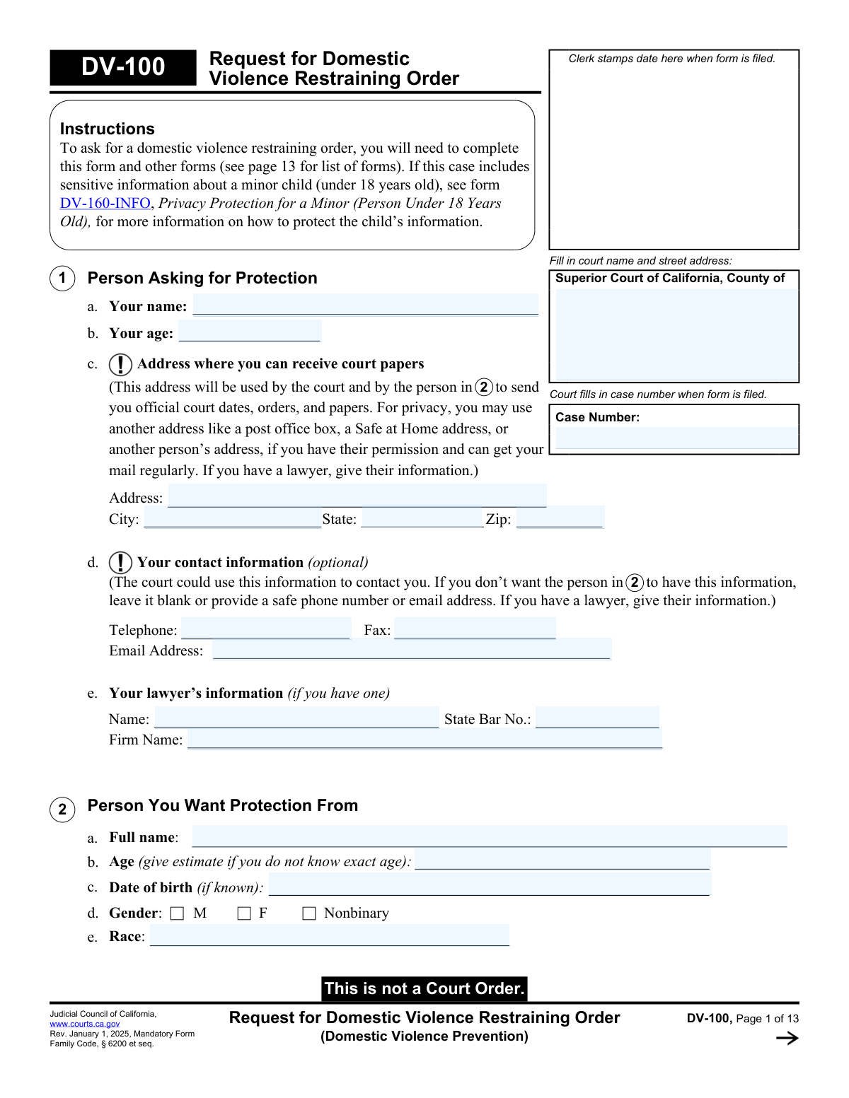 Preview of Form DV-100, Request for Domestic Violence Restraining Order (Domestic Violence Prevention)