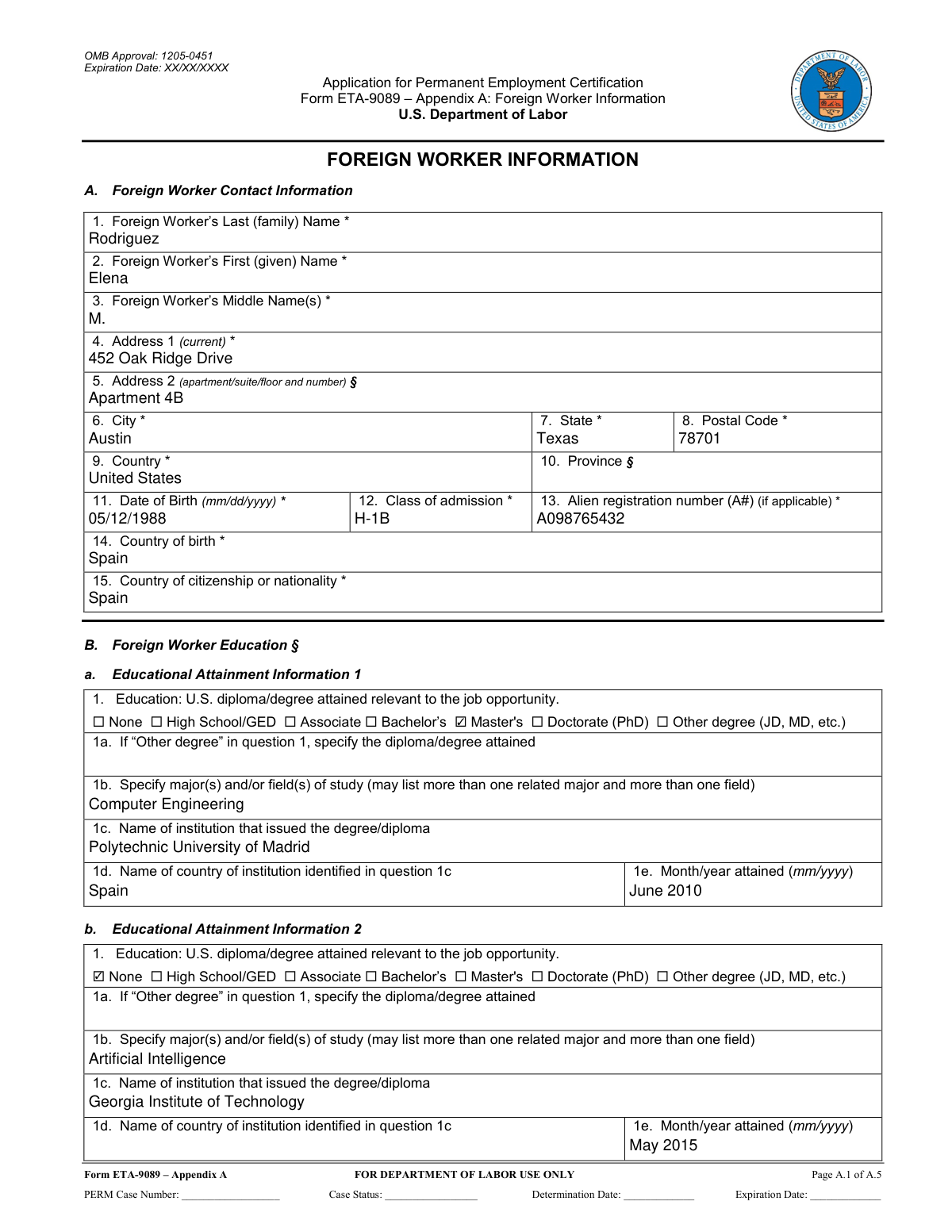 Completed Form ETA-9089 – Appendix A for a Software Engineering applicant