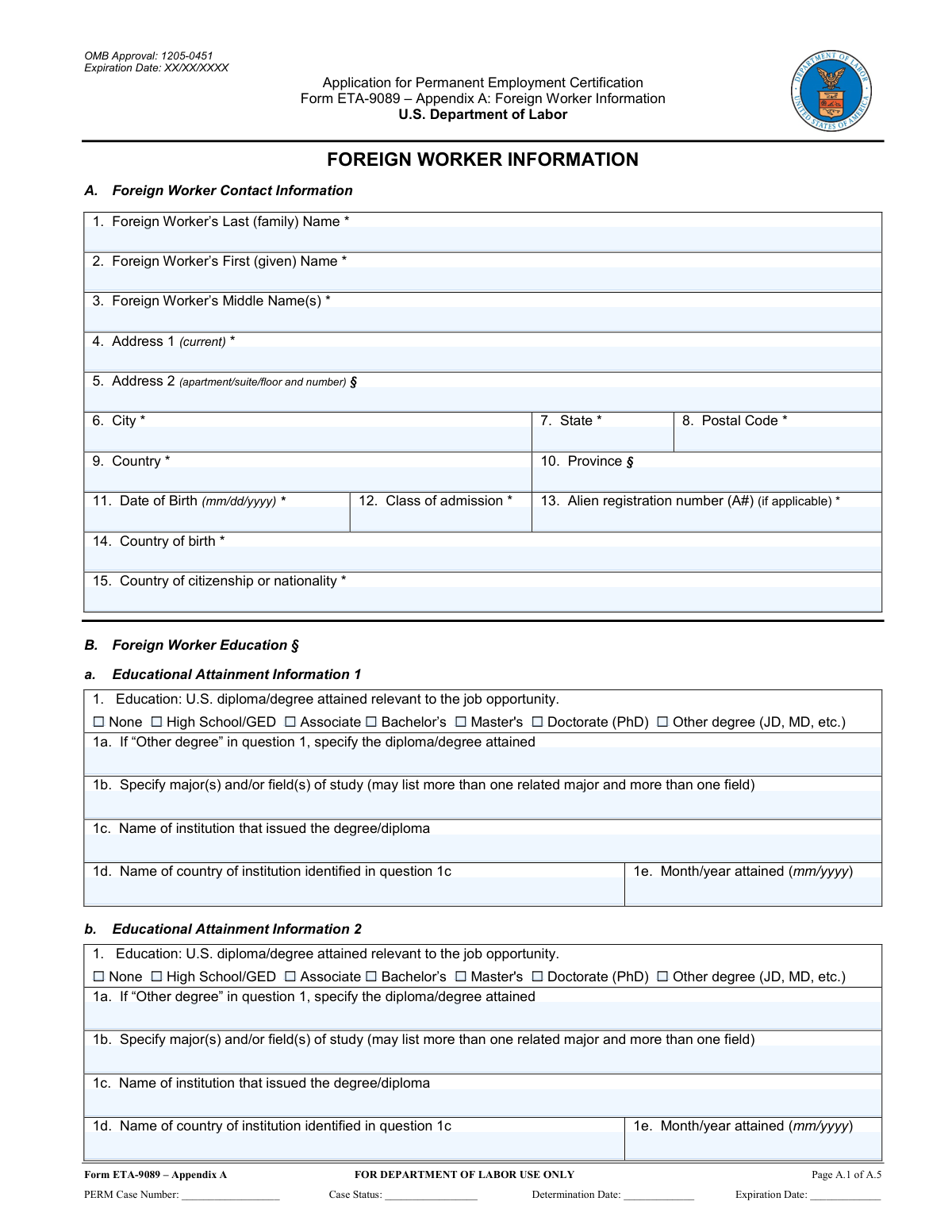 Preview of Form ETA-9089 – Appendix A: Foreign Worker Information