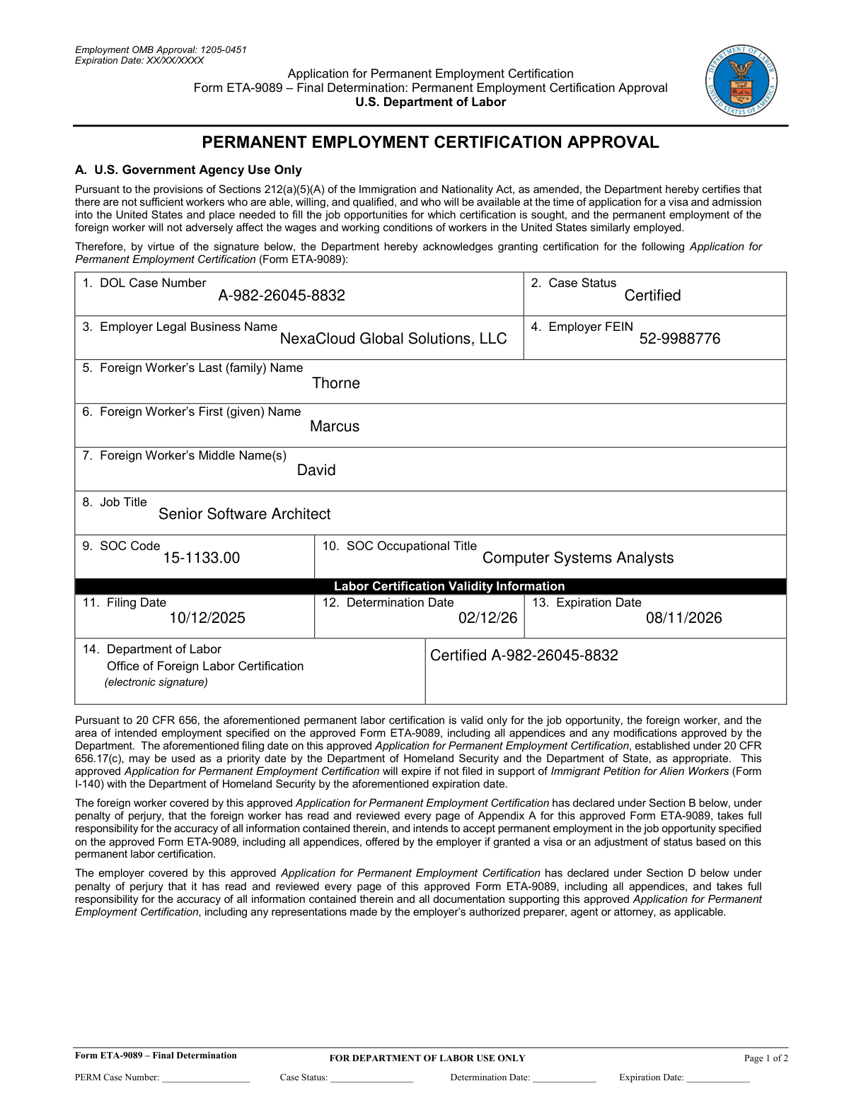 A digitized and completed Form ETA-9089 Final Determination document