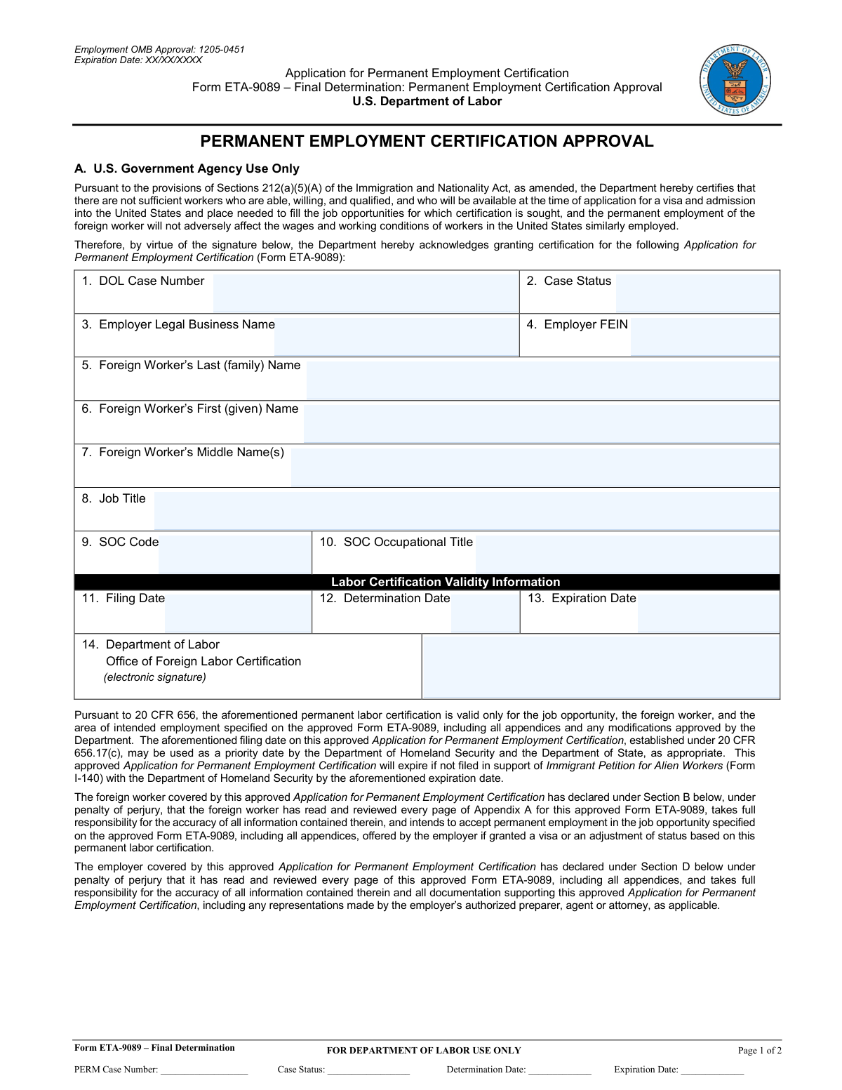 Preview of Form ETA-9089 – Final Determination: Permanent Employment Certification Approval