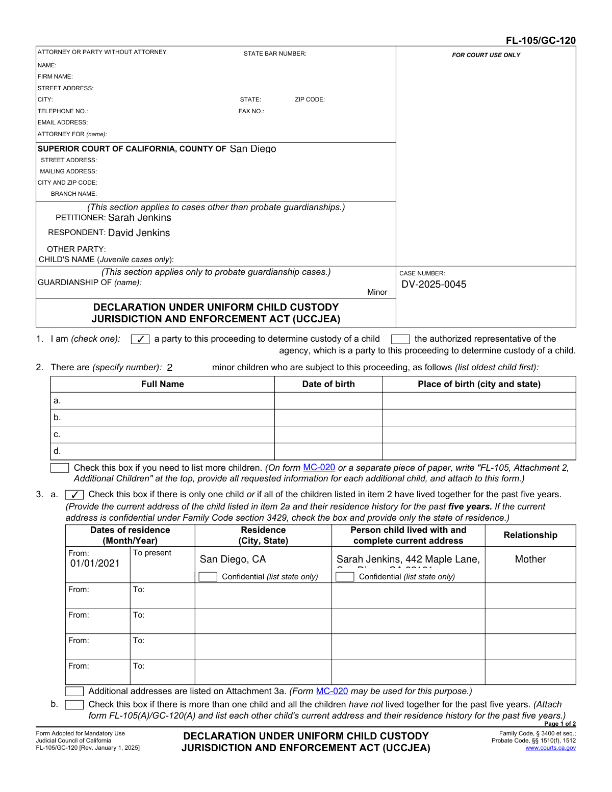 Filled Form FL-105/GC-120 showing extracted UCCJEA custody data