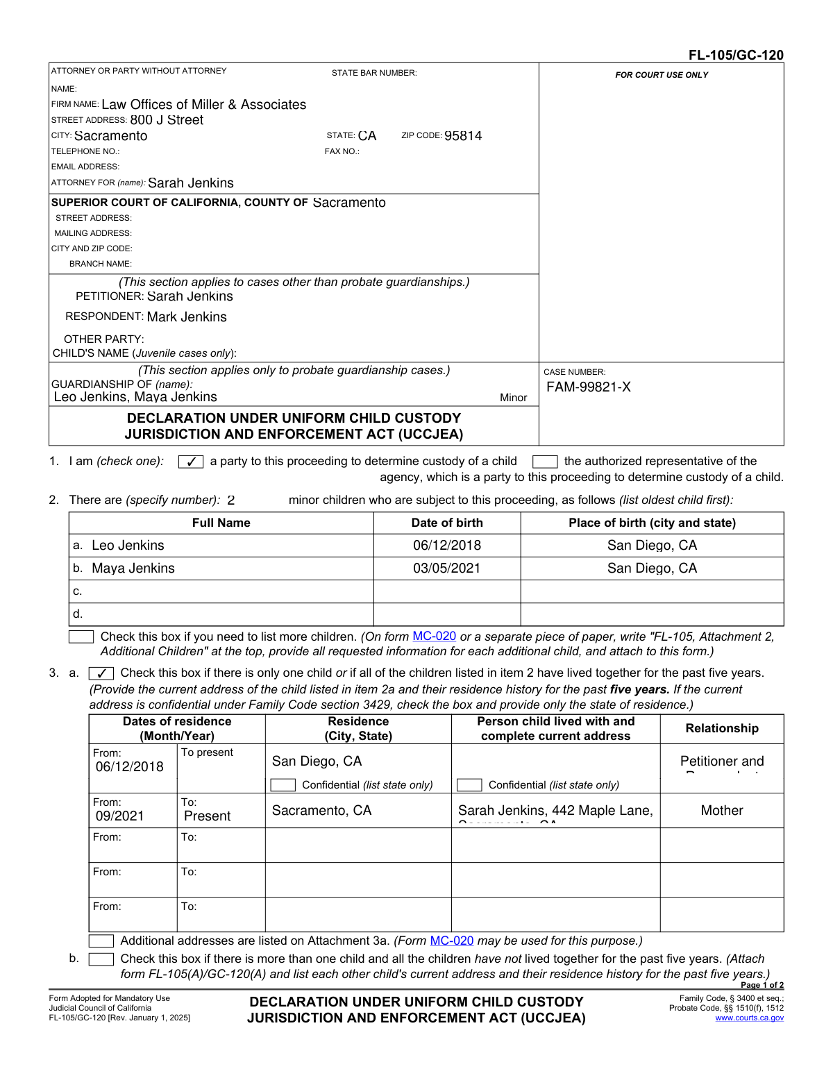 Completed Form FL-105/GC-120 showing extracted data from an attorney memo