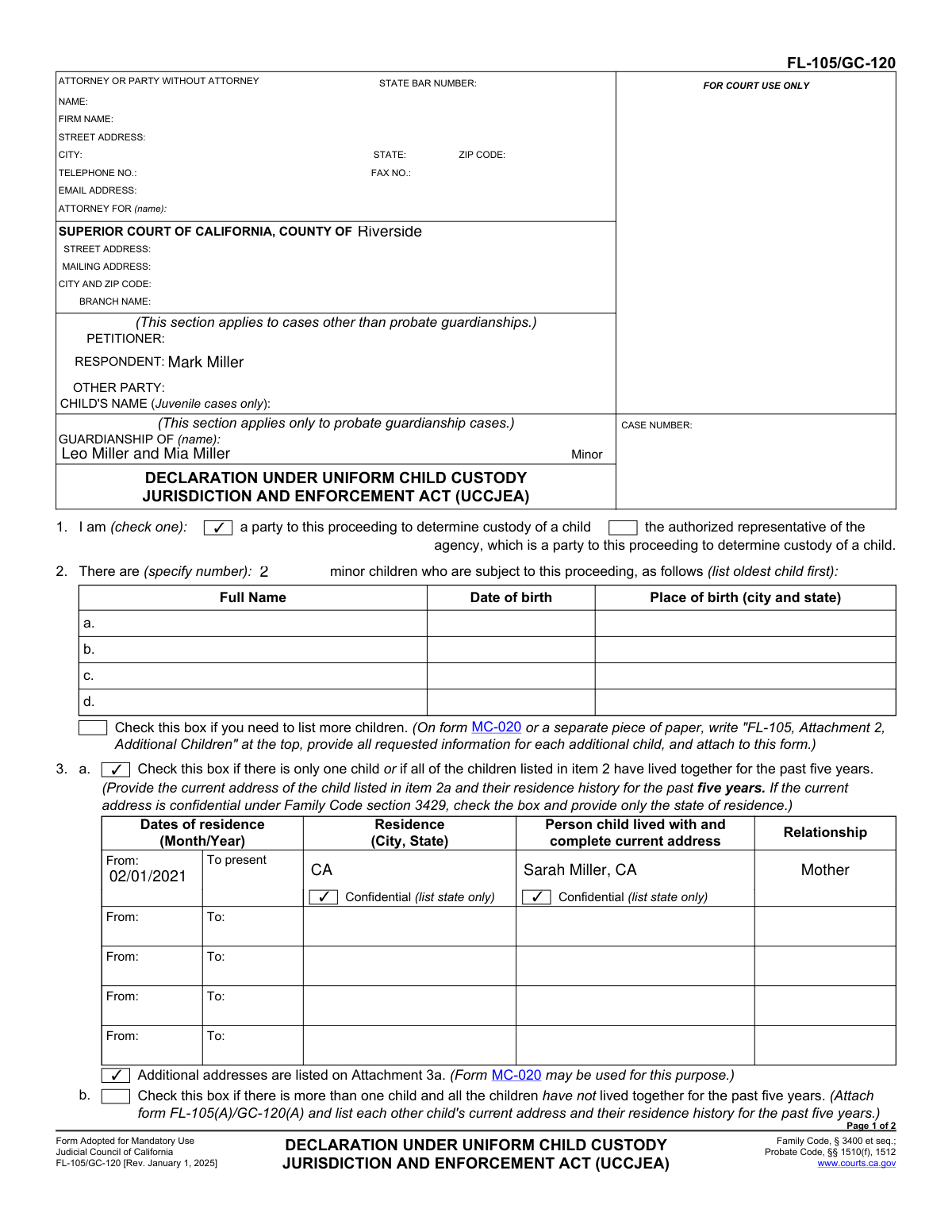 Filled example of Form FL-105/GC-120 showing extracted data from an intake email