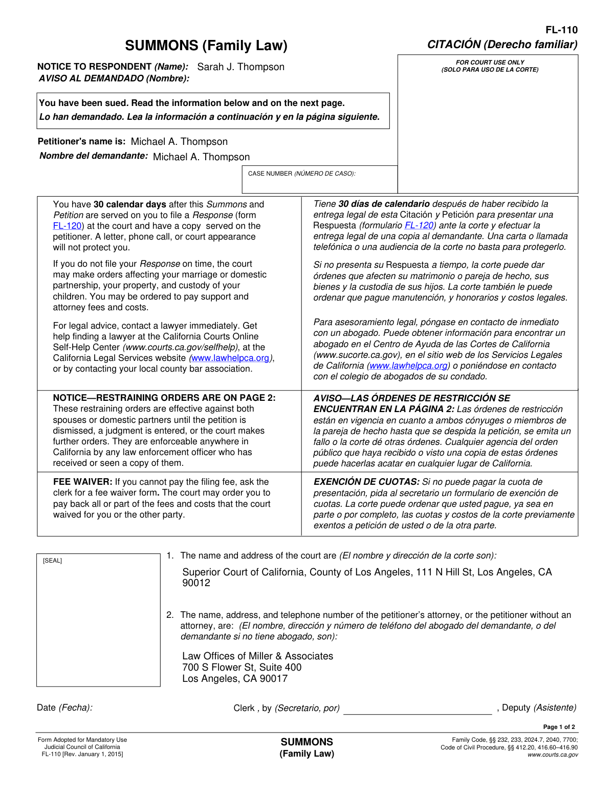 Completed Form FL-110 Summons (Family Law) derived from attorney consultation notes.
