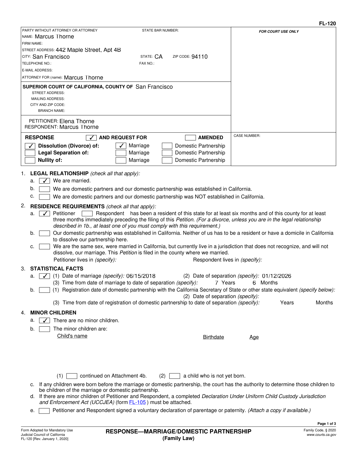 Completed California Form FL-120 document
