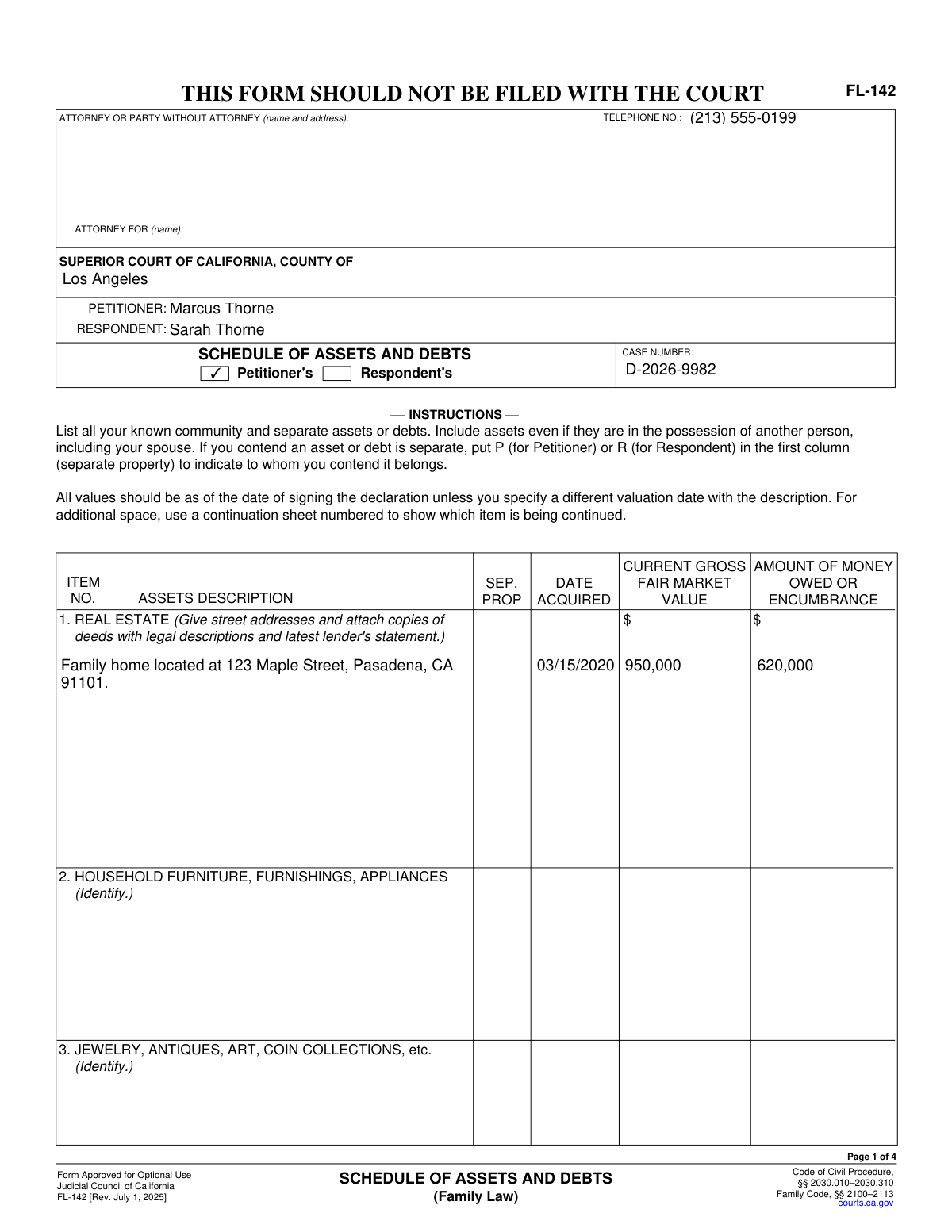 Filled copy of California Form FL-142 showing extracted asset and debt details