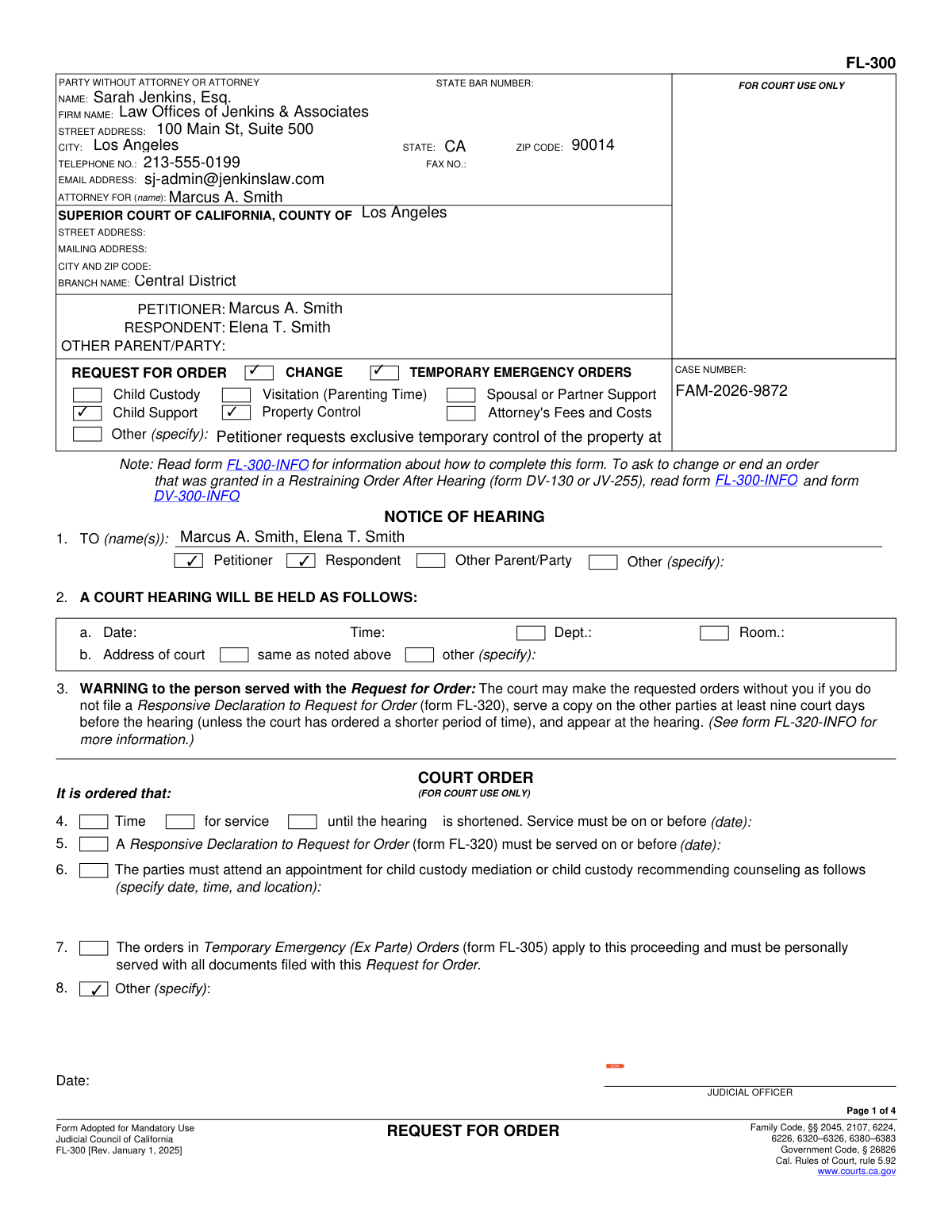 Completed Form FL-300 Request for Order highlighting property control and financial support fields