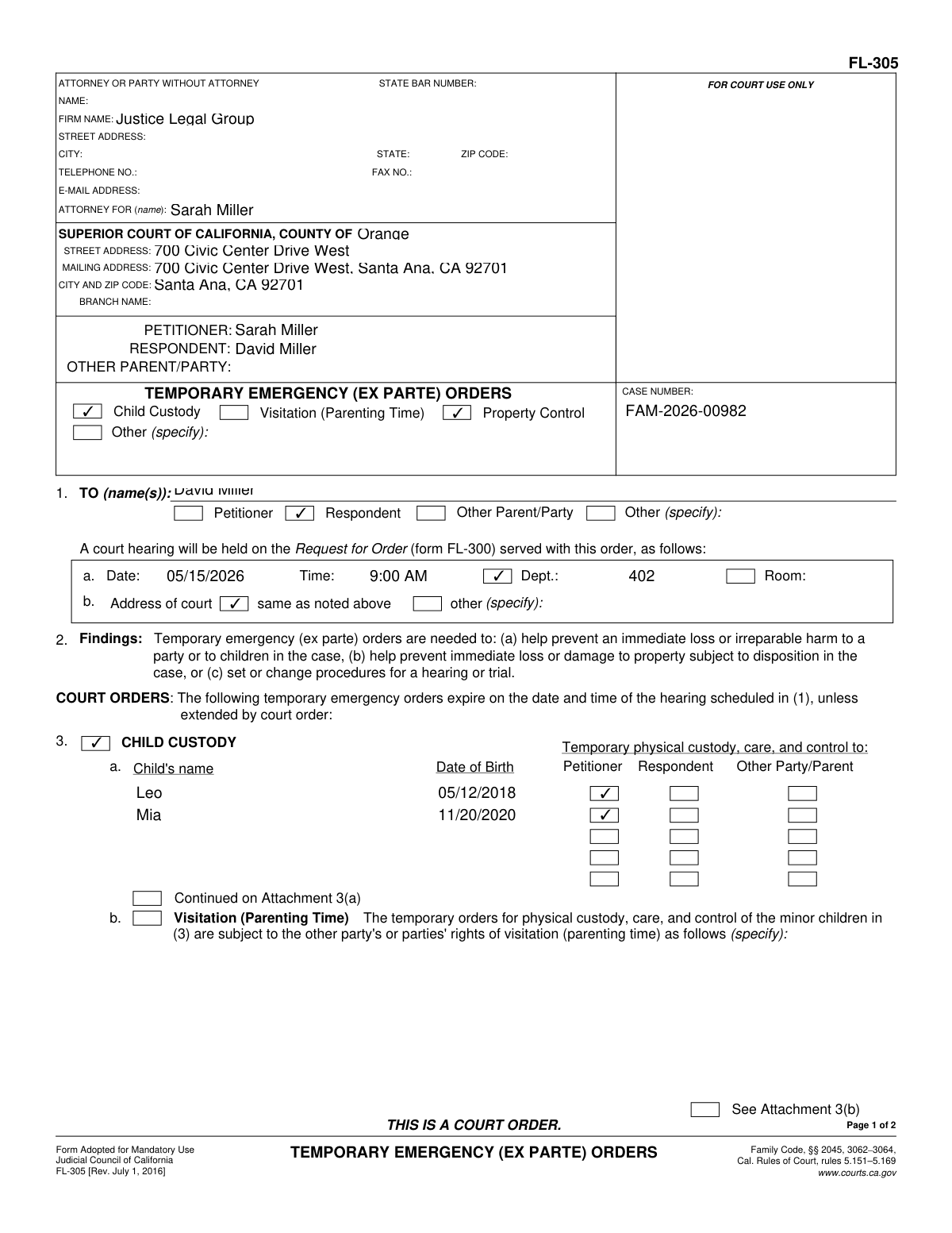 Completed Form FL-305 showing child custody and property control orders