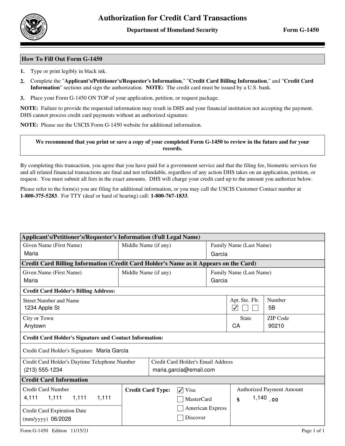 Completed Form G-1450, Authorization for Credit Card Transactions, for an I-485 filing fee payment