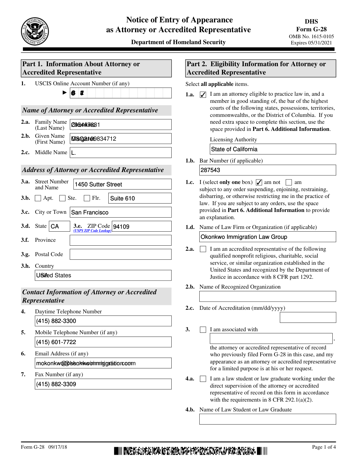 Completed Form G-28 Notice of Entry of Appearance as Attorney or Accredited Representative for an EB-2 National Interest Waiver green card case