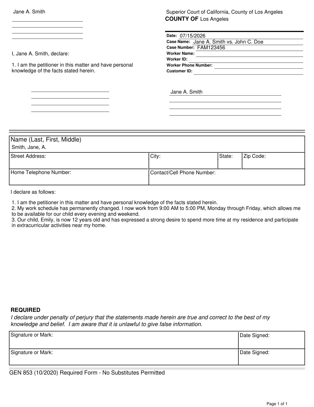 Completed Form GEN 853 Declaration for a family law case regarding child custody modification.