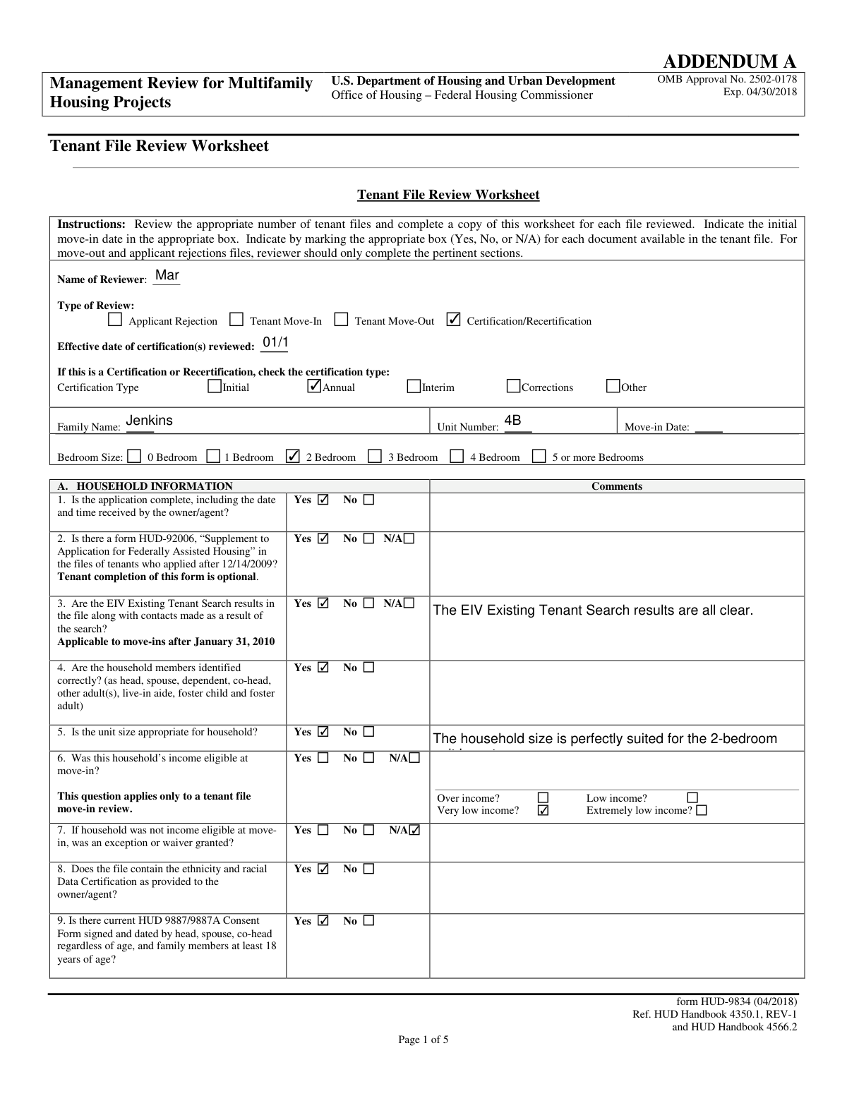 Completed HUD-9834 Tenant File Review Worksheet showcasing automated data extraction.