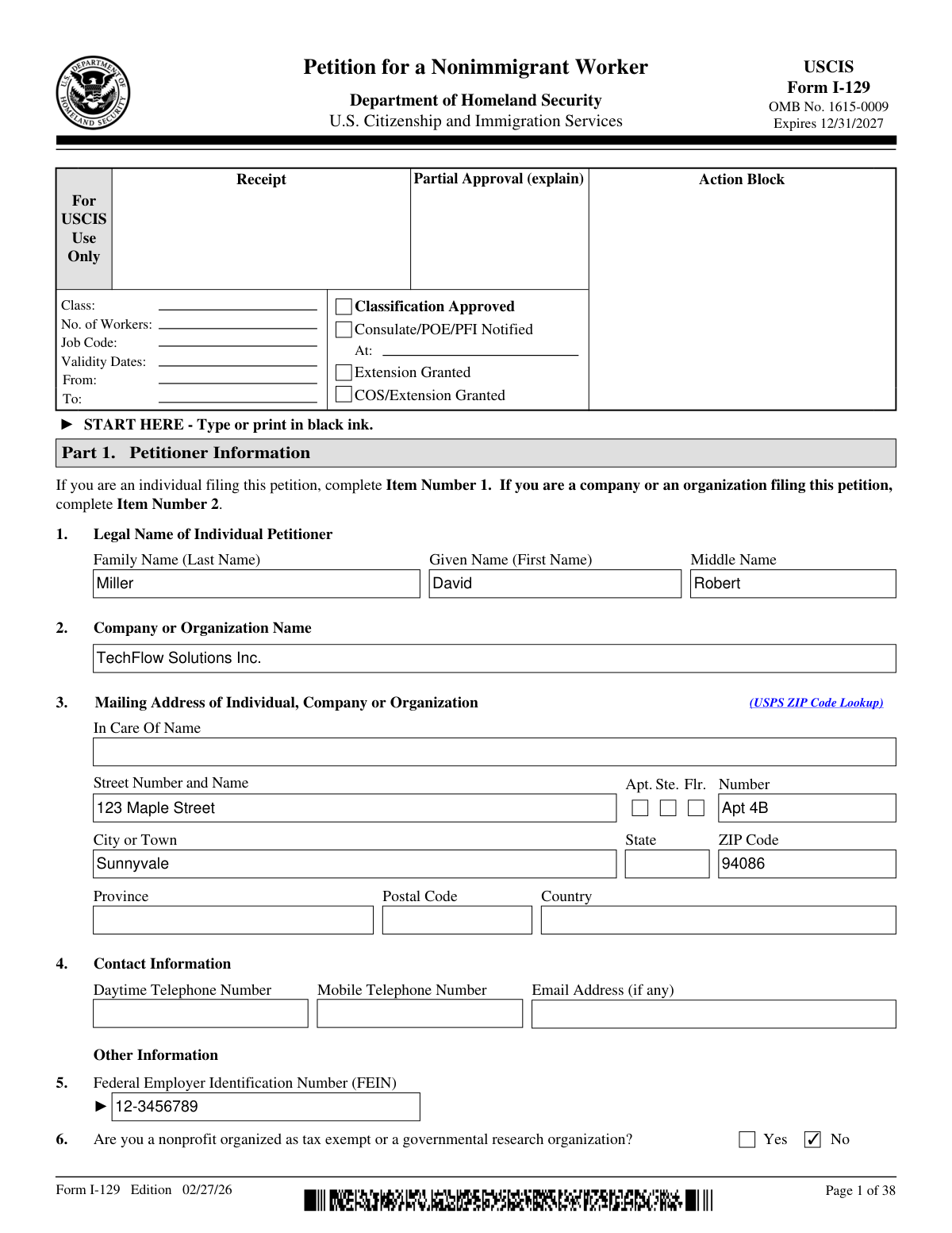 Example of a completed USCIS Form I-129 extracted from a corporate HR email