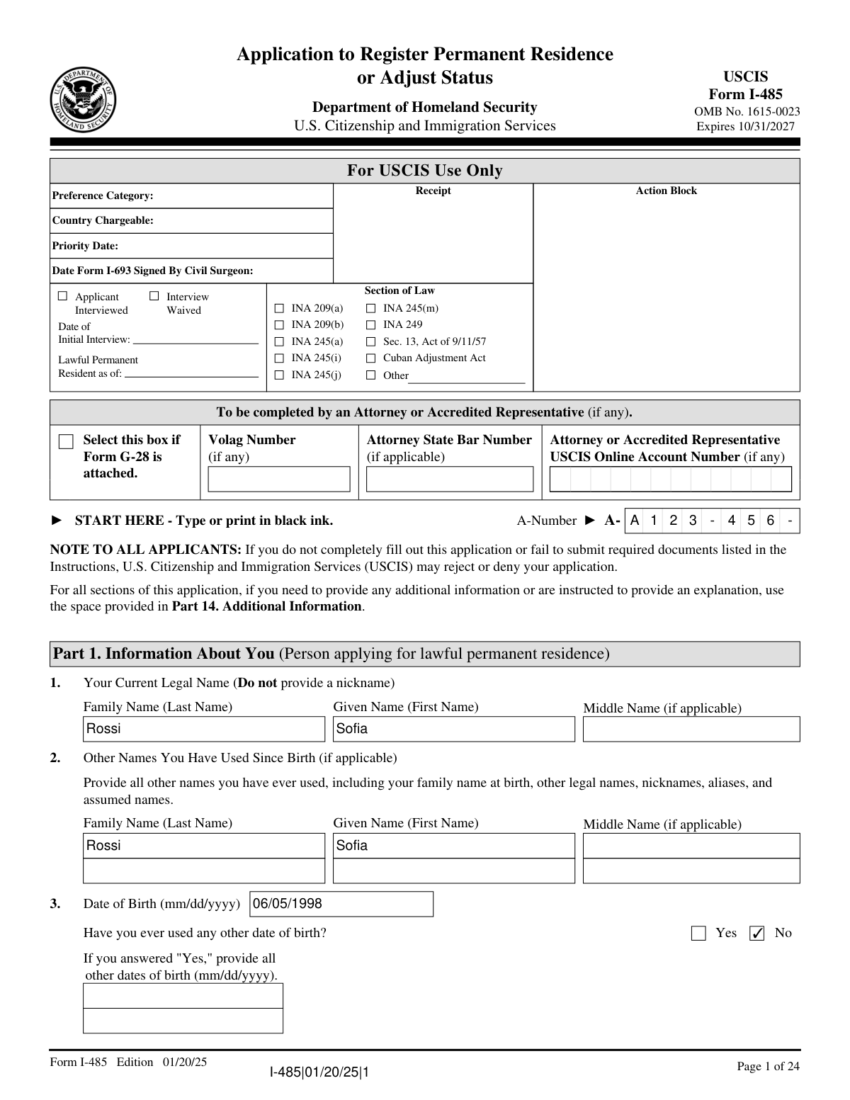 Completed Form I-485 example for an applicant who entered on a K-1 visa and is adjusting status through marriage to a U.S. citizen.