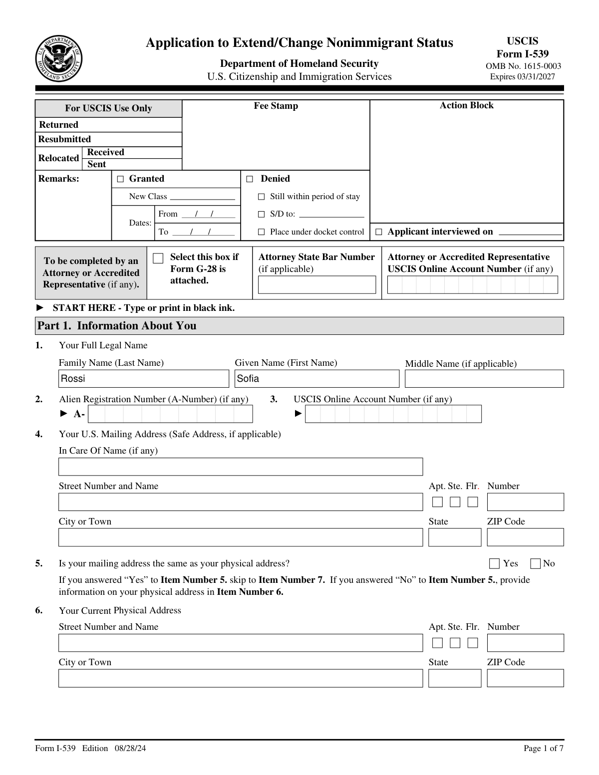 Completed Form I-539 for a B-2 tourist visa holder requesting an extension of stay.