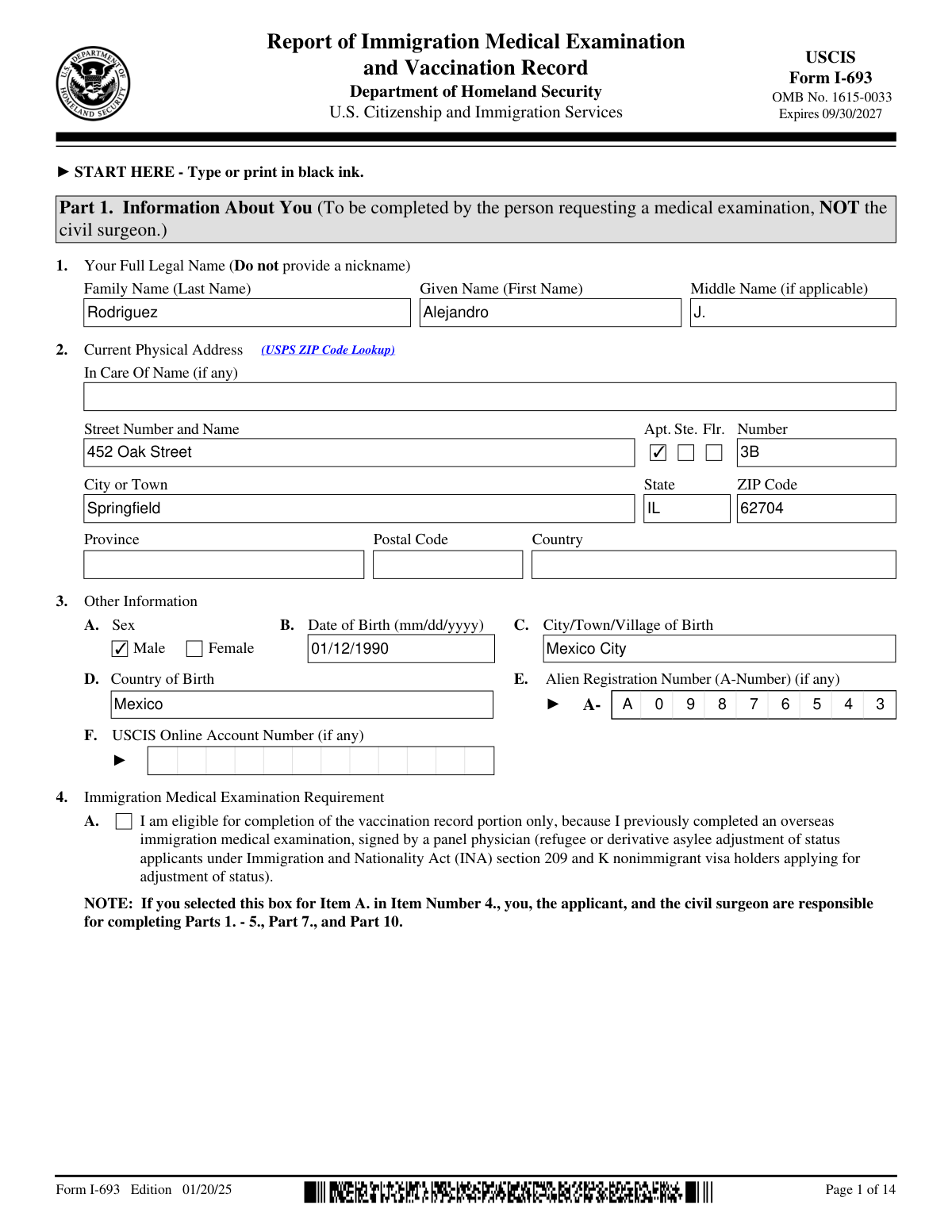Completed USCIS Form I-693 immigration medical examination report.
