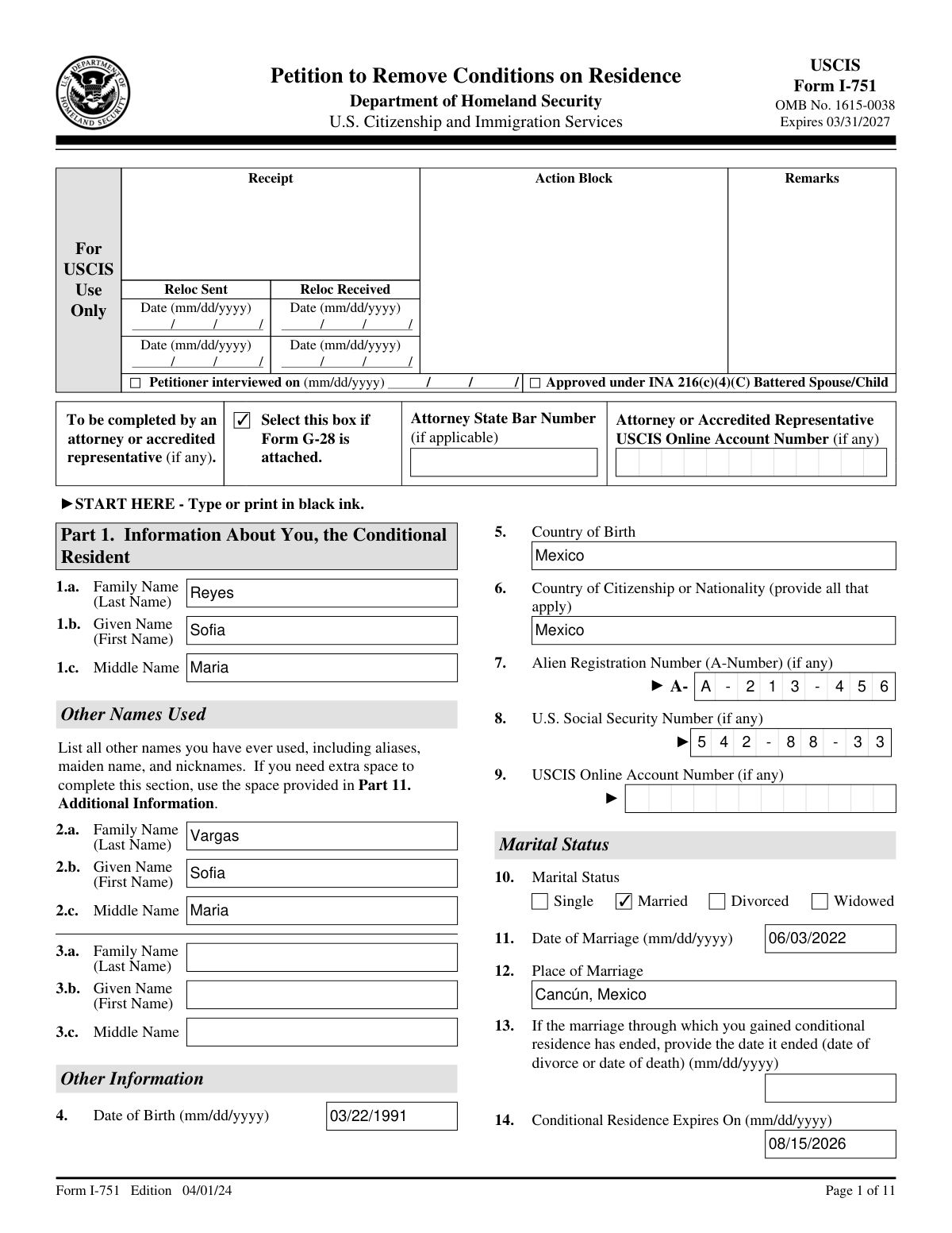 Completed Form I-751 Petition to Remove Conditions on Residence for a joint filing by a conditional resident married to a U.S. citizen