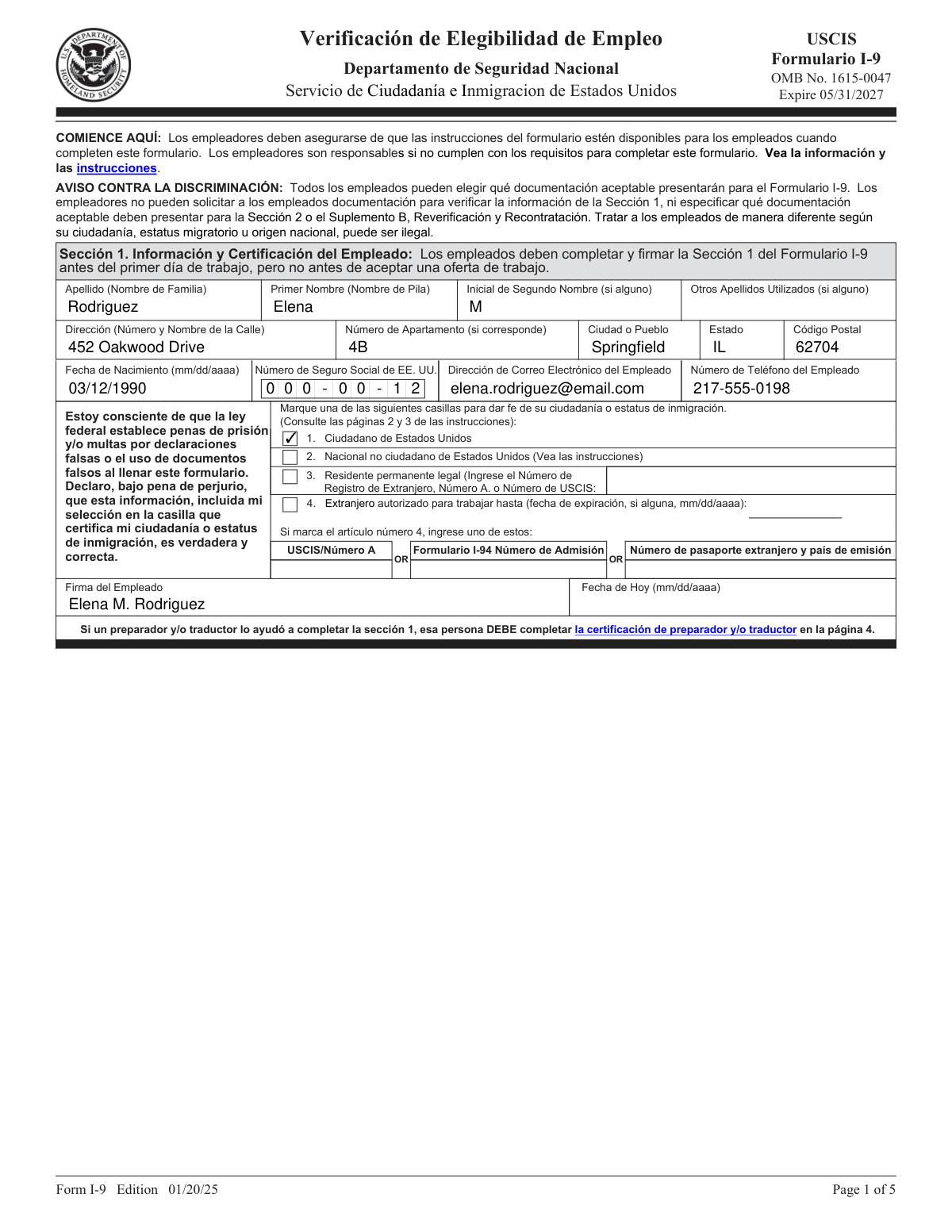 Completed Form I-9 for a new hire demonstrating automated data extraction from an HR onboarding email.