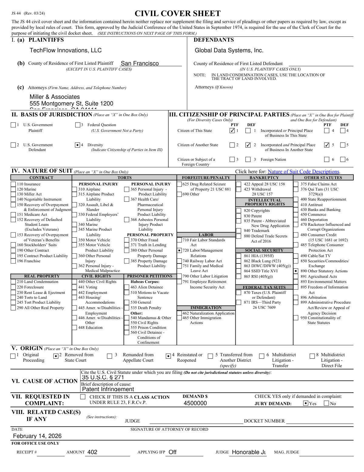 Completed Form JS 44 Civil Cover Sheet generated from legal case memo