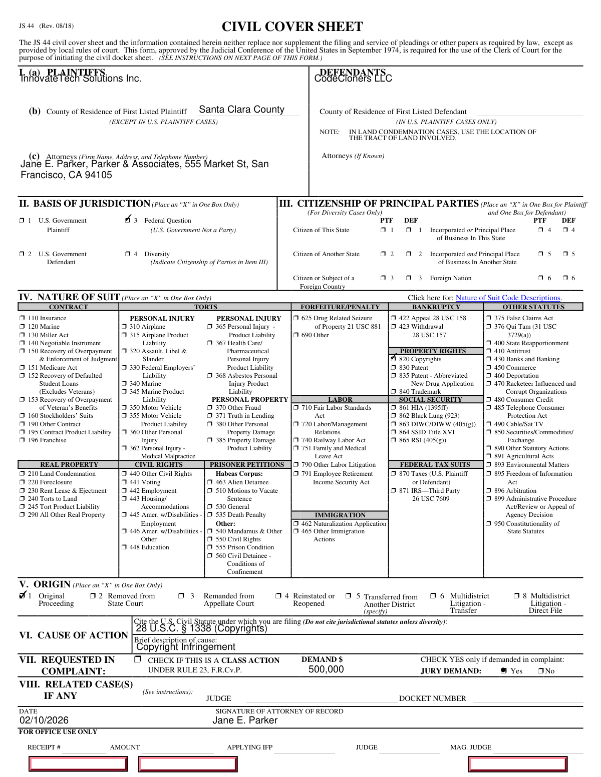 Completed Form JS 44 Civil Cover Sheet for a copyright infringement case filed in federal court.