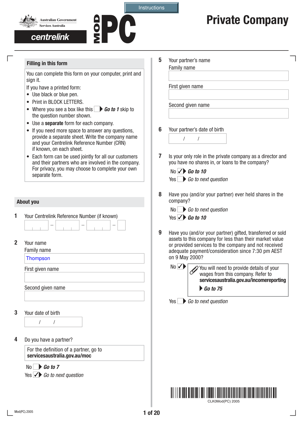 Completed Form Mod(PC).2005 for a family-owned investment company