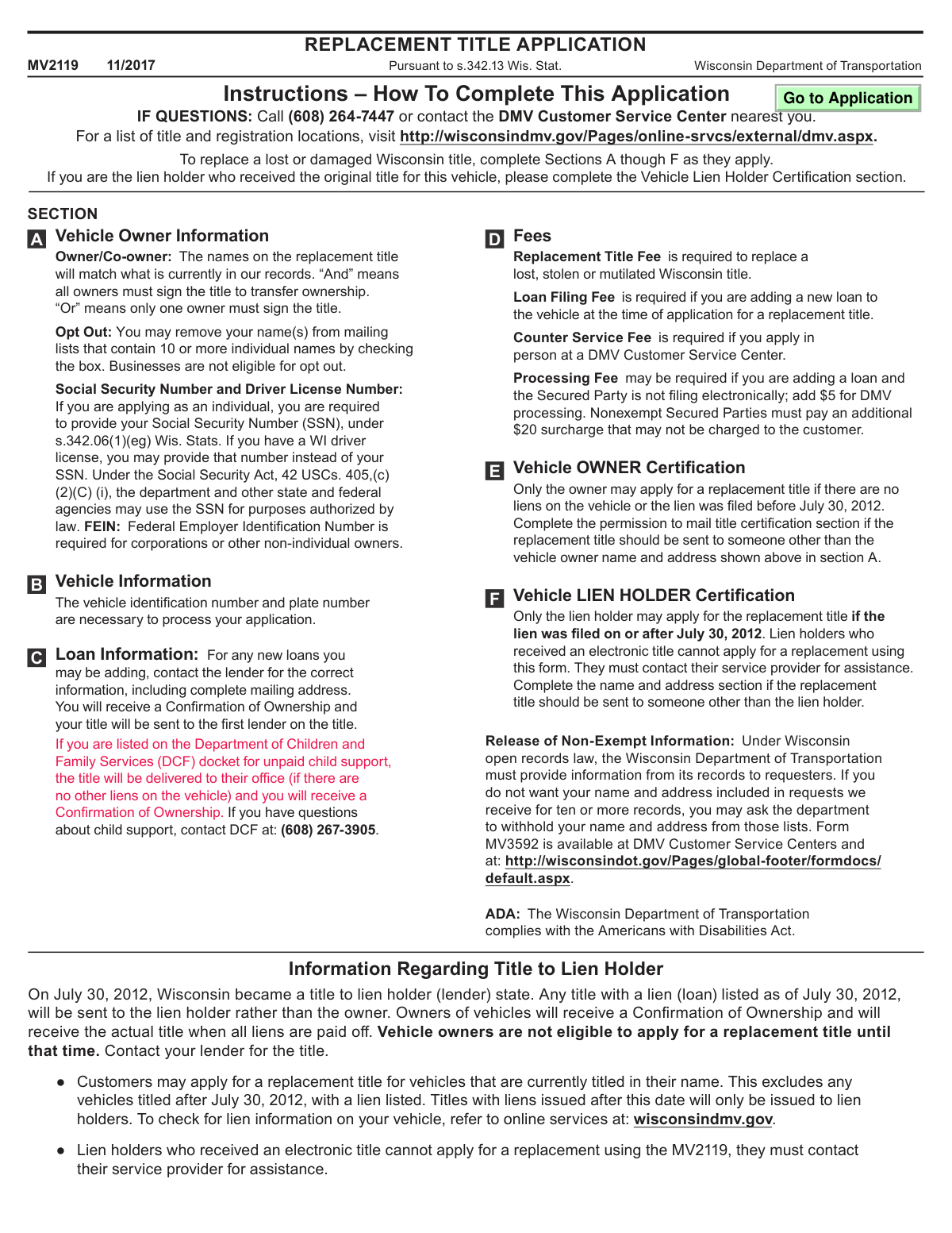 Filled out sample of Wisconsin Form MV2119, Replacement Title Application