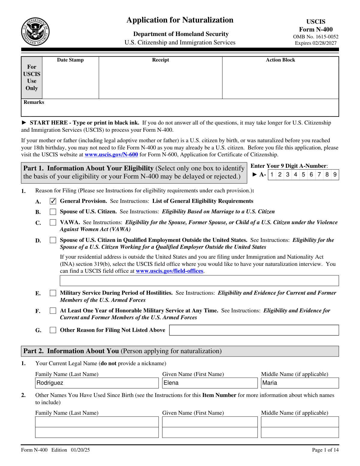 Sample of a completed Form N-400, Application for Naturalization, for an applicant with 5 years of permanent residency.